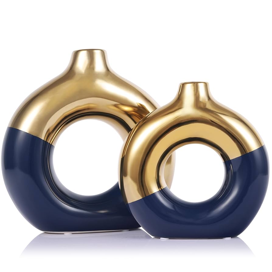 金色装飾の紺色陶器花瓶 Amazon.com: 家居裝飾花瓶- 金色和海軍藍陶瓷花瓶2 件組甜甜圈